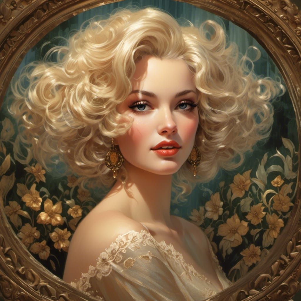 Laughing Blonde Woman in Vintage Watercolor Style