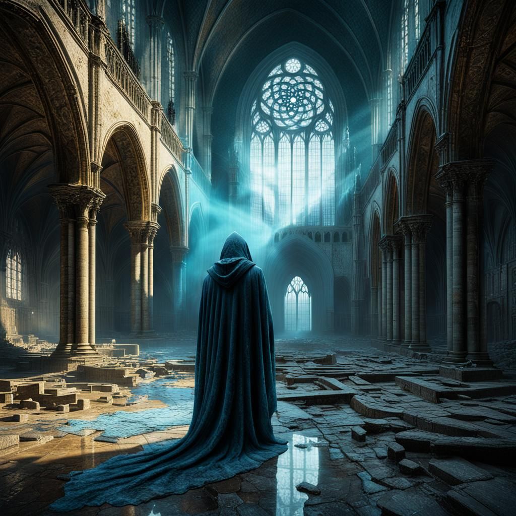 Ghost in Abandoned Cathedral: Beksiński-Inspired Art