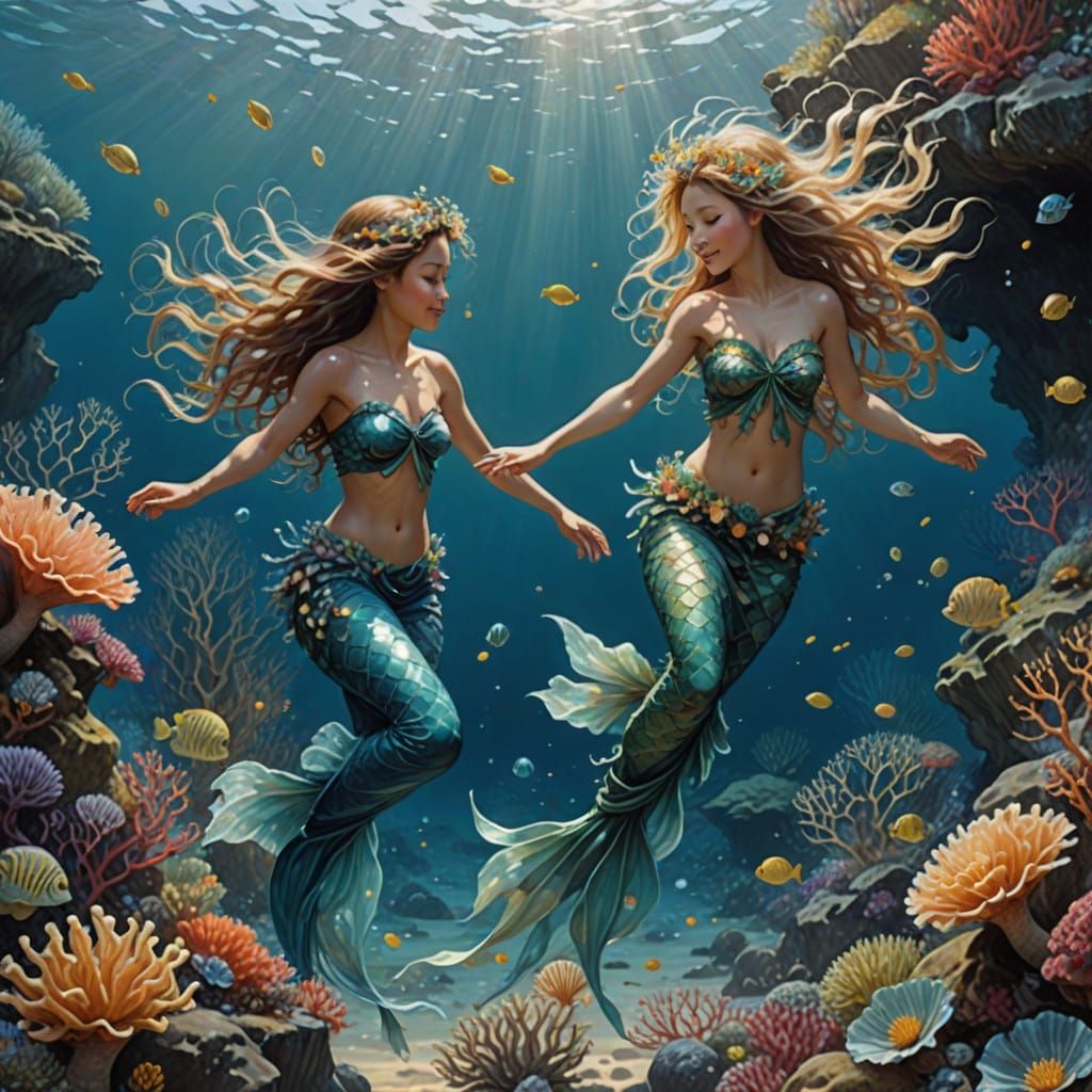 Three Mermaids Chase in Underwater Tag Scene