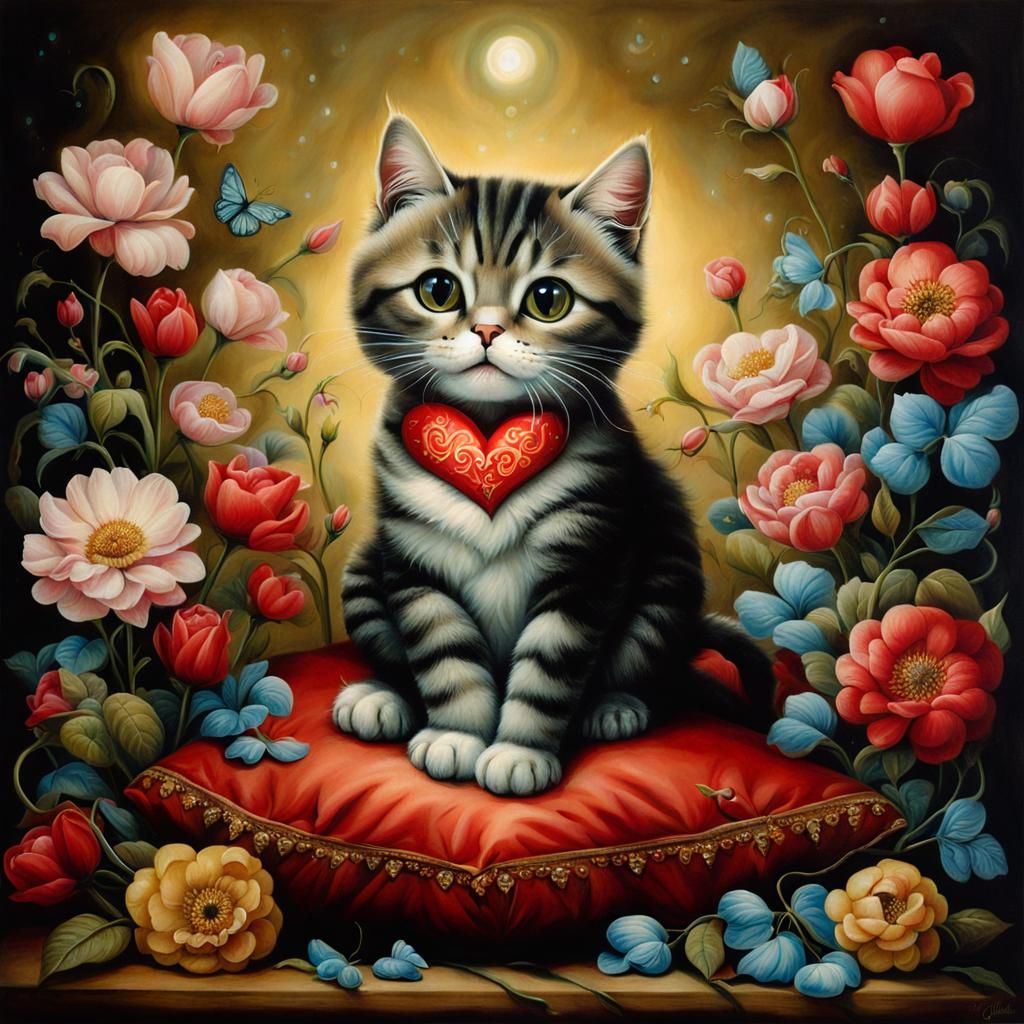 Cat Surrounded by Flowers in Surreal Style