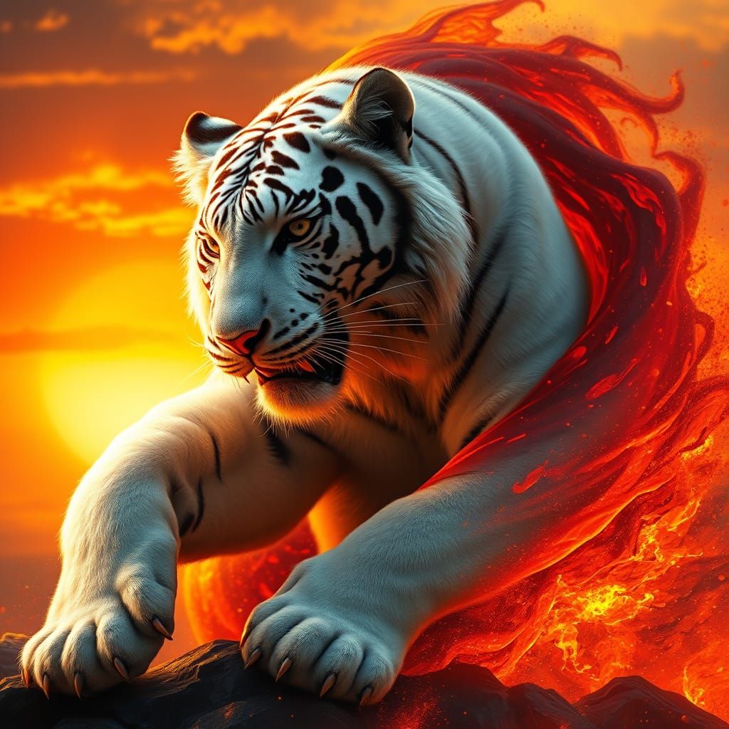 Regal Tiger Engages Fiery Lava Beast in Hyperrealistic Splas...