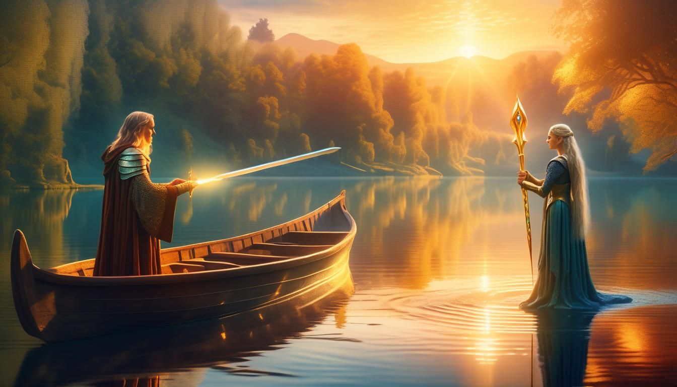 Lady of the Lake Giving Excalibur to Merlin