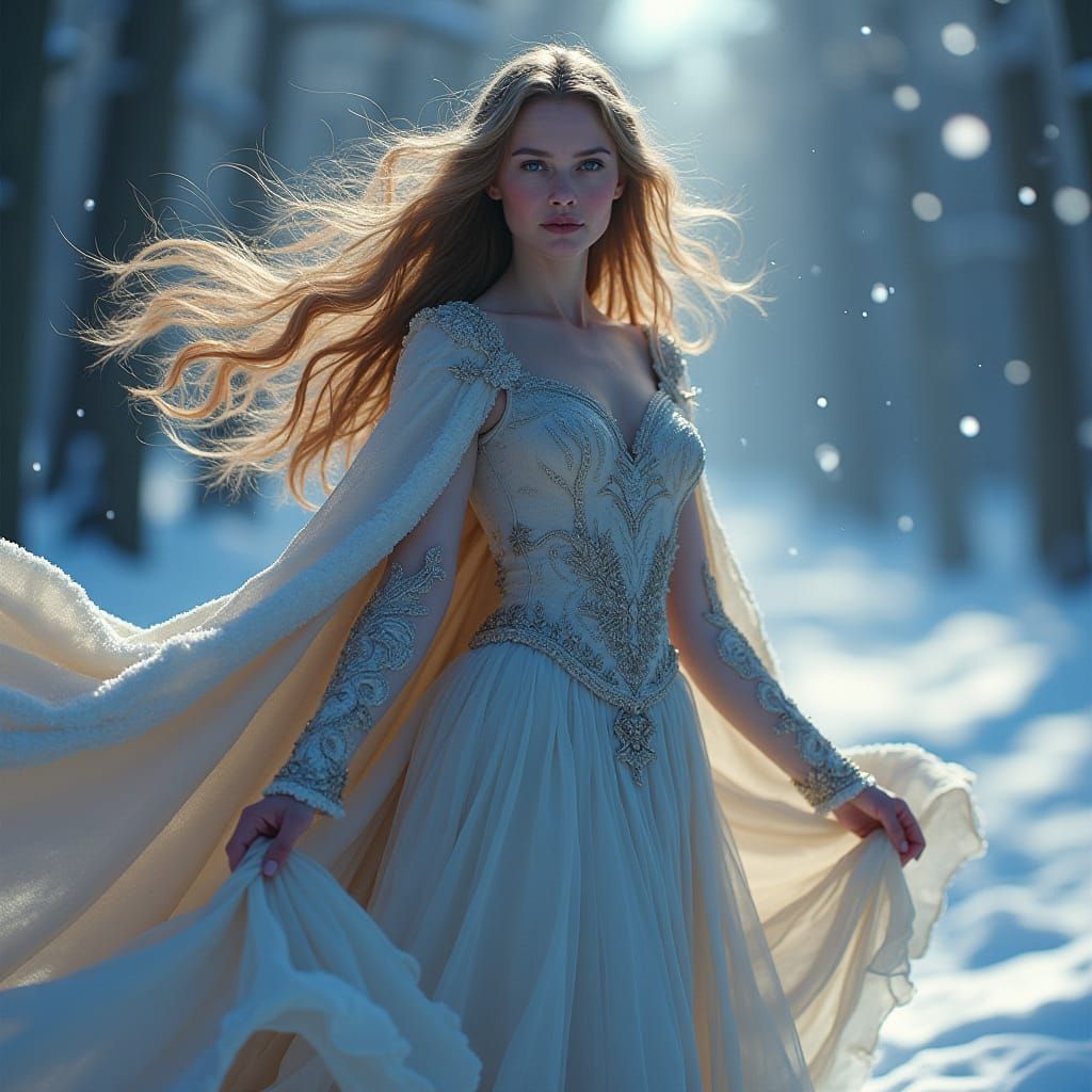 Mystical Woman in Winter Wonderland: High-Fantasy Art