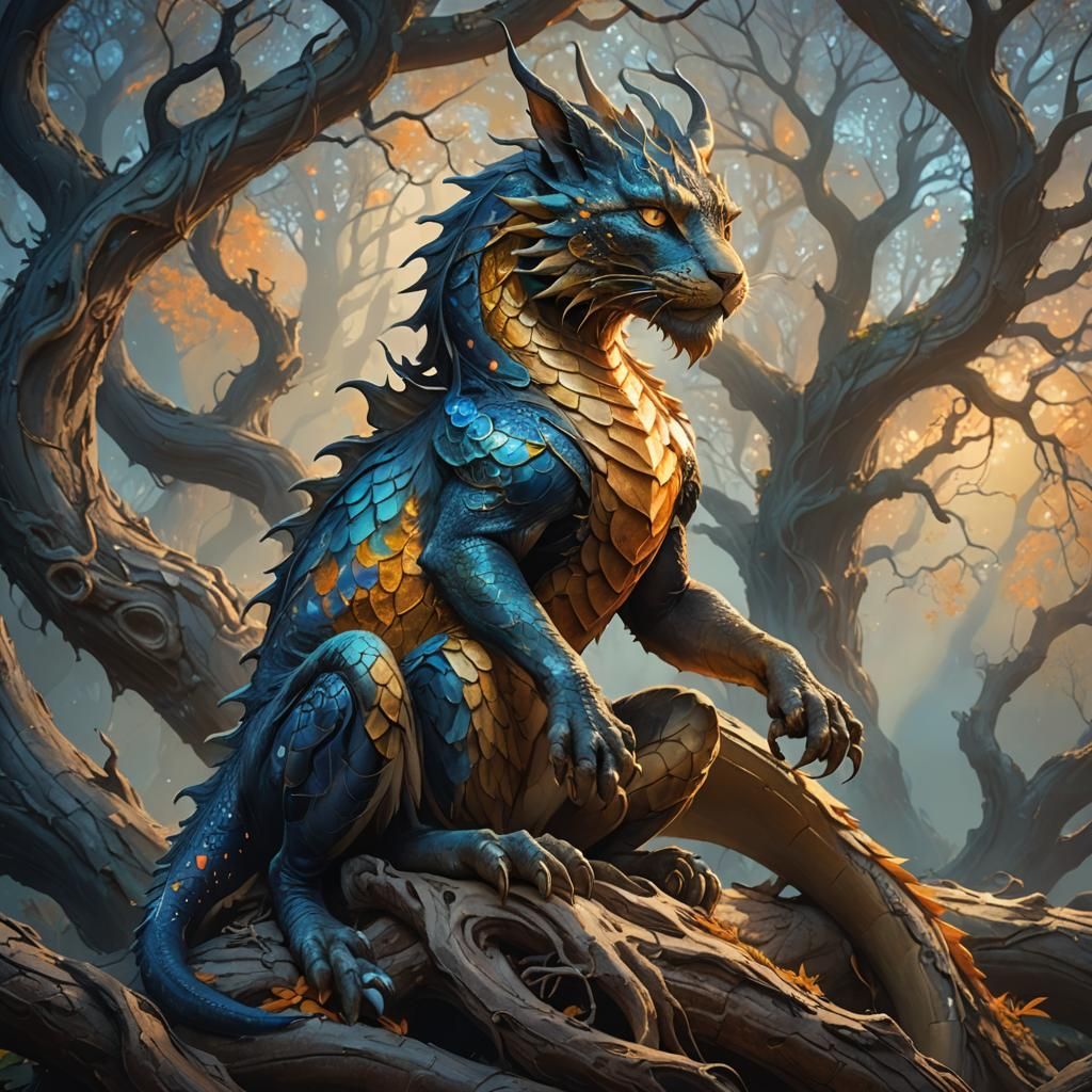 Cat-like Dragon on Ancient Tree Root