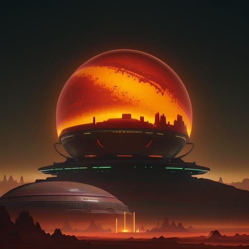 Martian City Under Domes with Glowing Bio-Labs