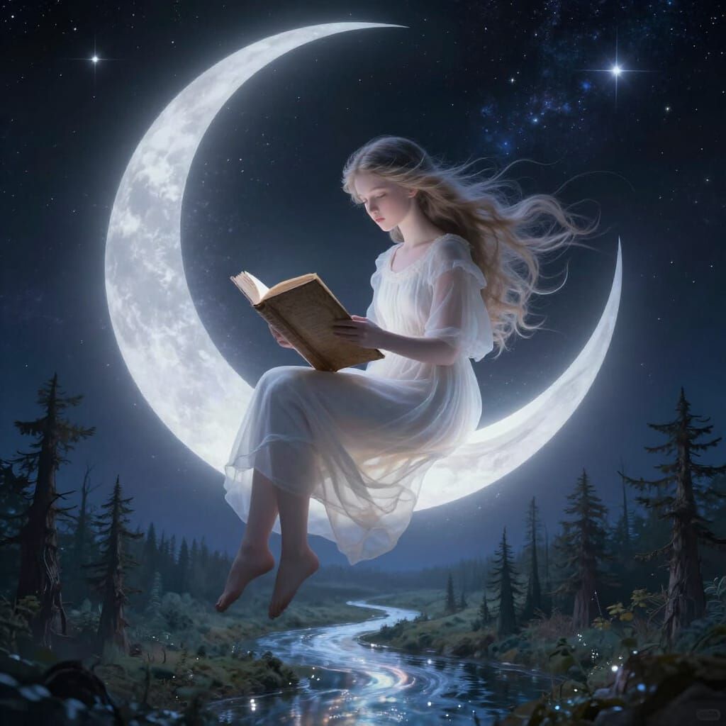 Cosmic Girl Reading on Moon Above Mystical Forest