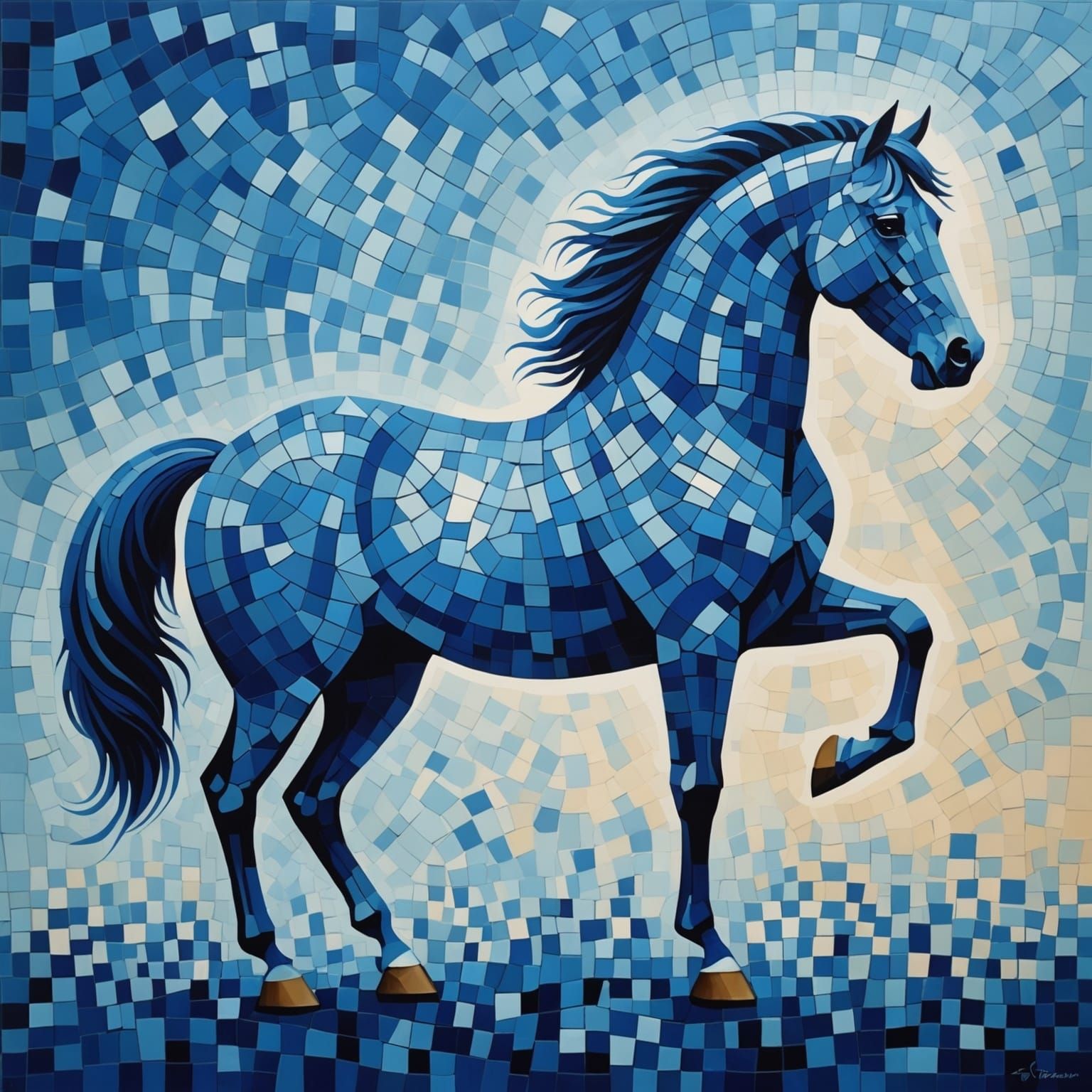 Striking Blue Horse in Stained Glass Style
