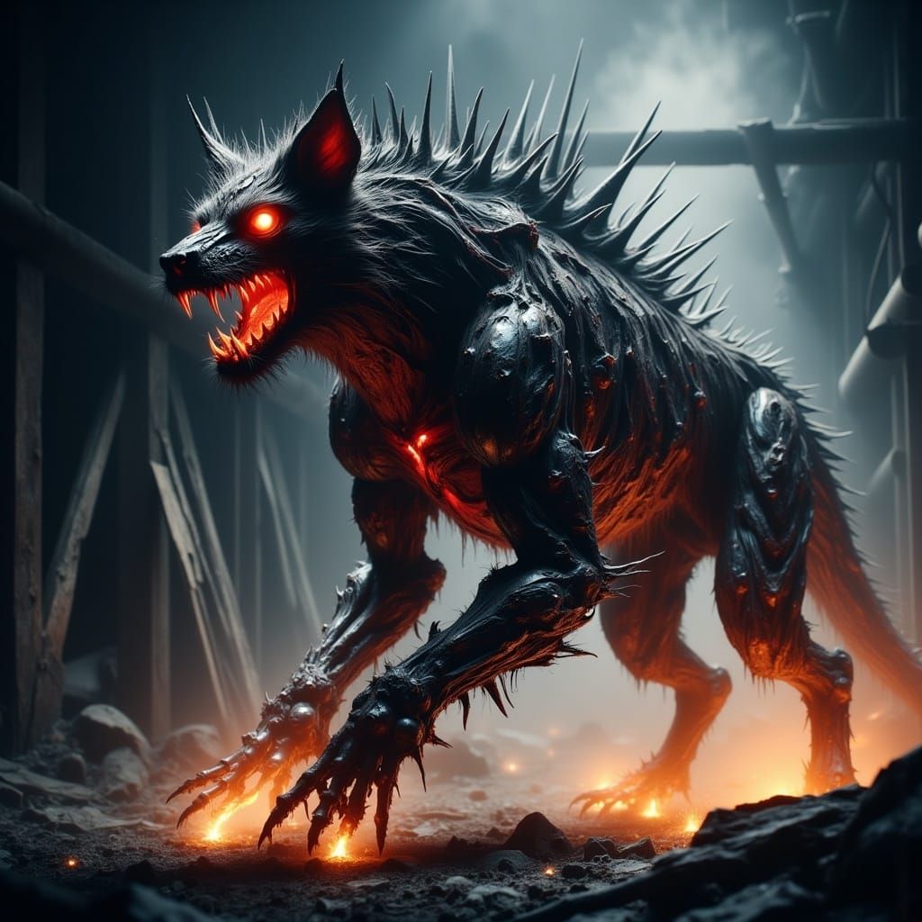 Cybernetic Beast Unleashed in Dark, Abandoned Warehouse