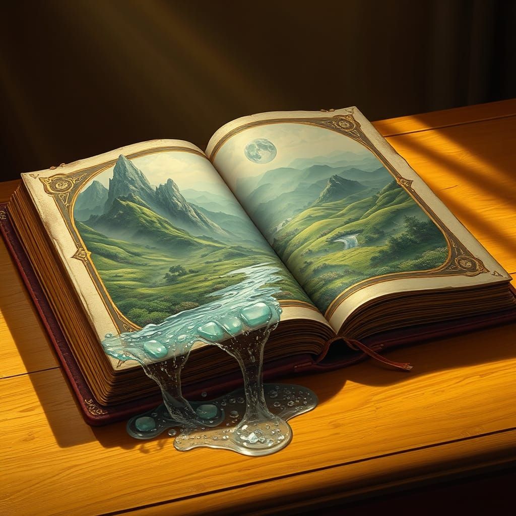 A majestic, leather-bound tome with worn, distressed edges and intricate golden filigree, adorned with cryptic symbols a...