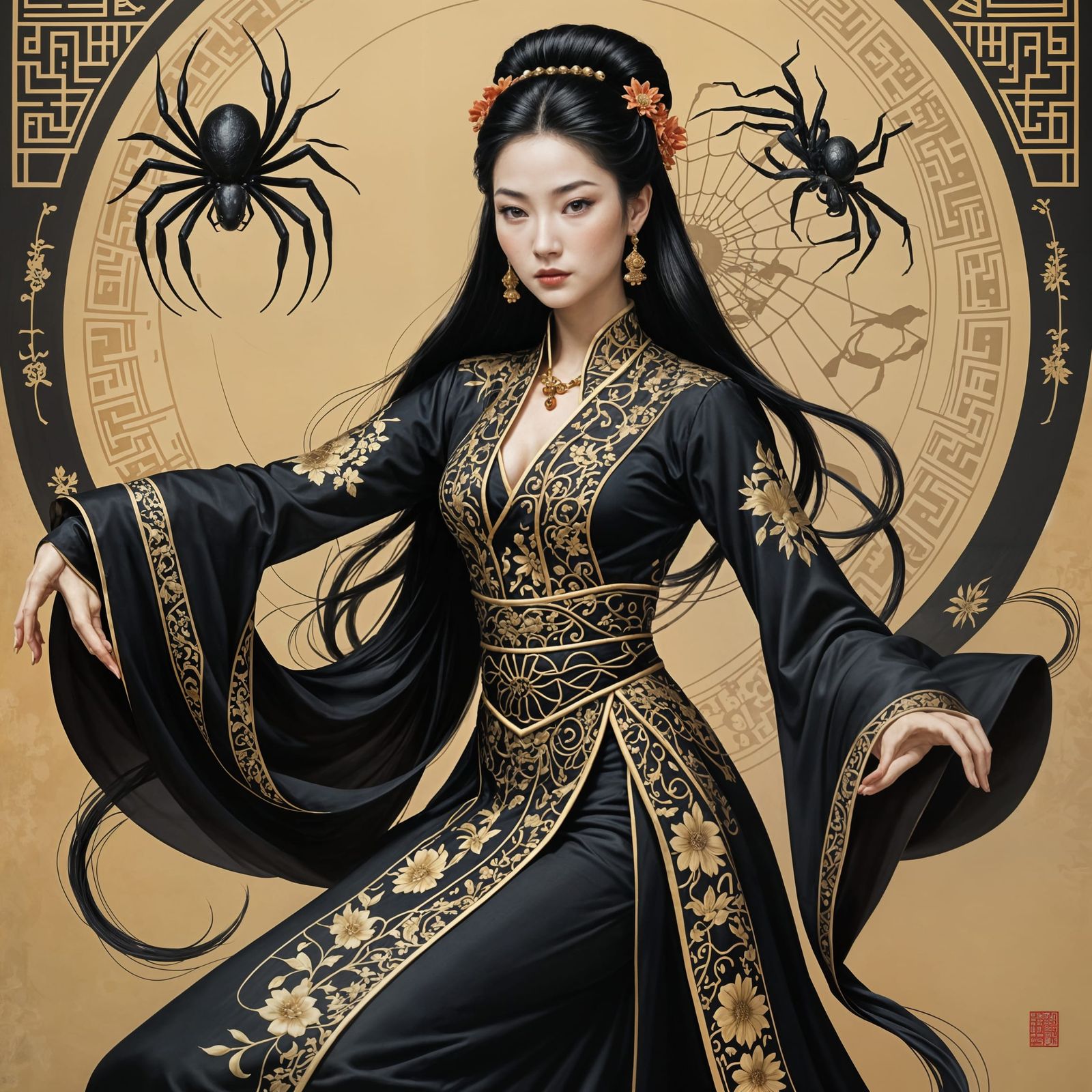 Elegant Spider-Woman Weaving Webs in Moonlight