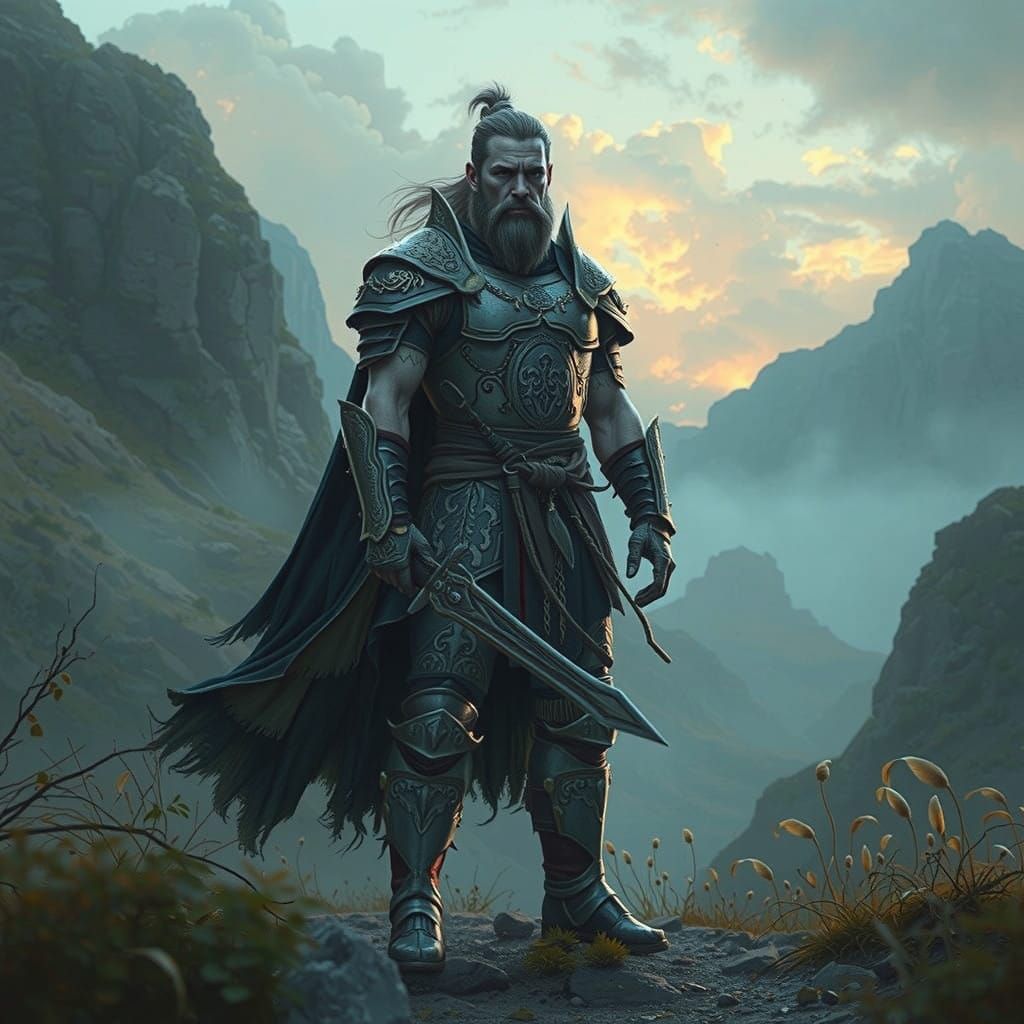 Warrior Stands Ready in Mystical Valley Battleground