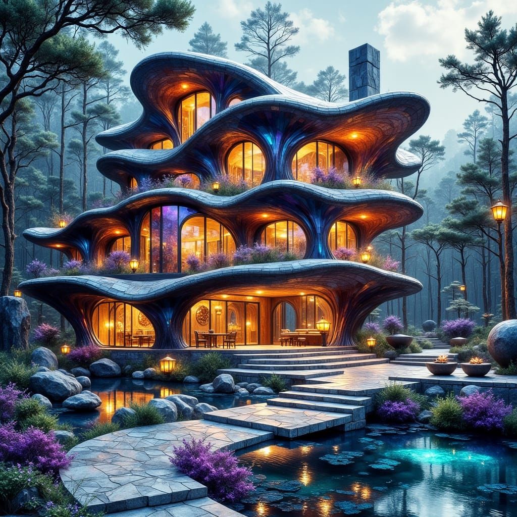 Mushroom House with Mosaic Windows in Organic Style