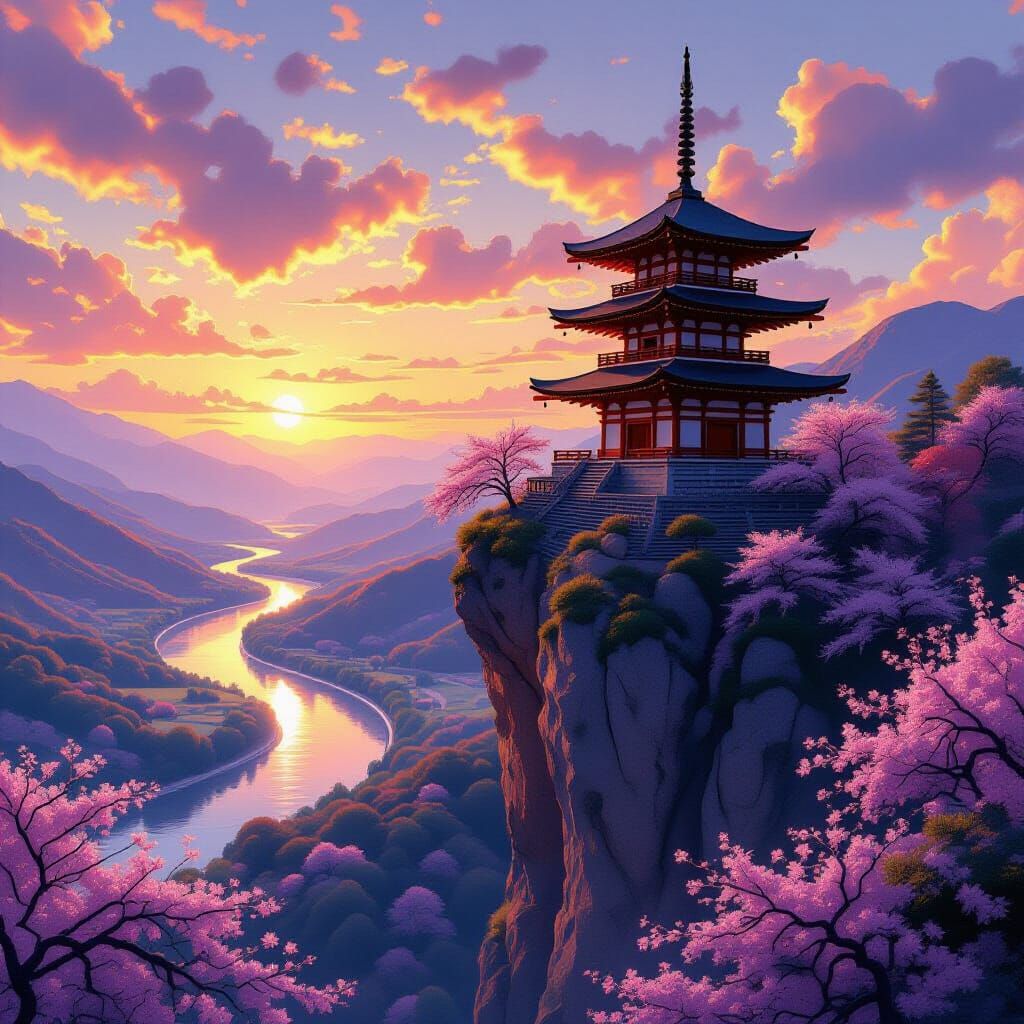 Pagoda on Cliff at Sunset in Art Nouveau Style