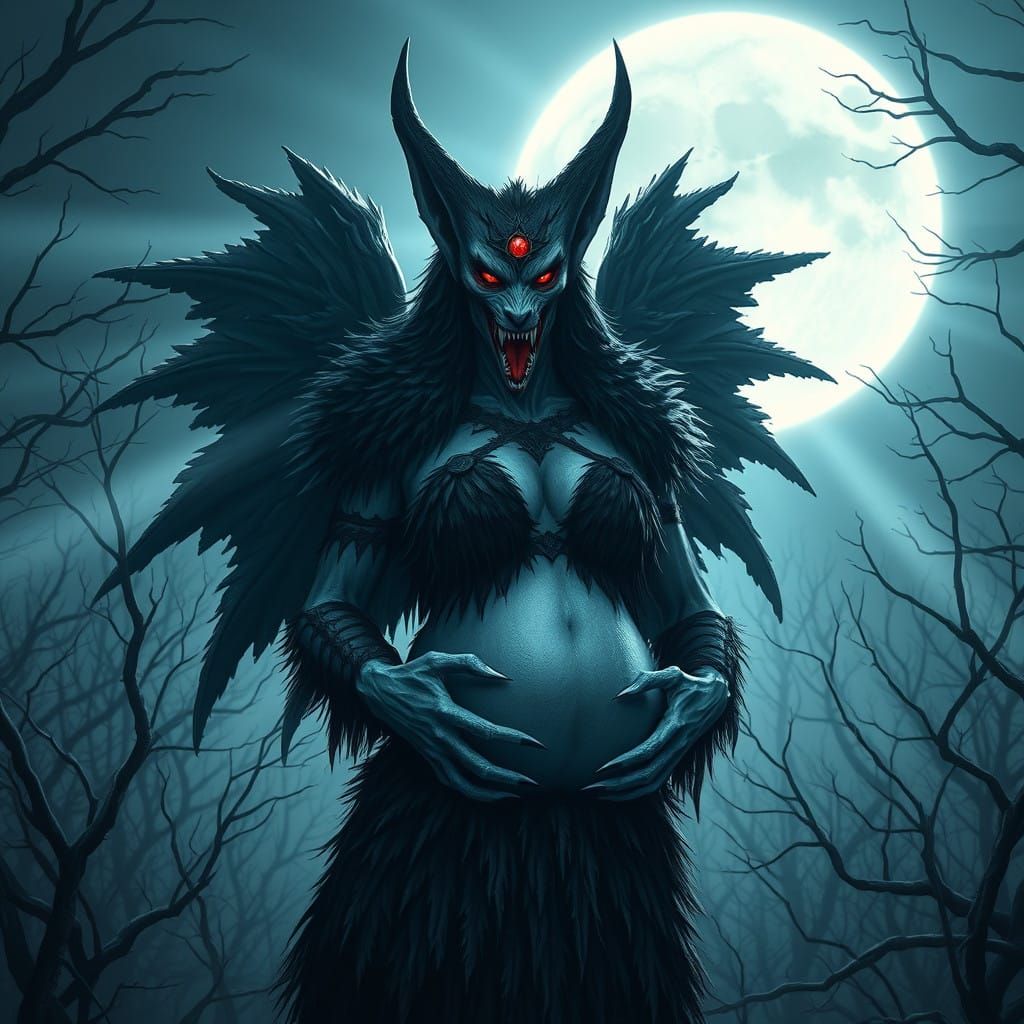 Dark Goddess Lamashtu Reigns over Moonlit Gothic Forest