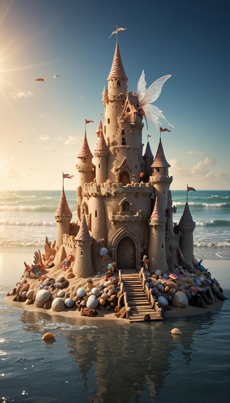 Aquatic Fairy Sandcastle: Photorealistic Fantasy Image