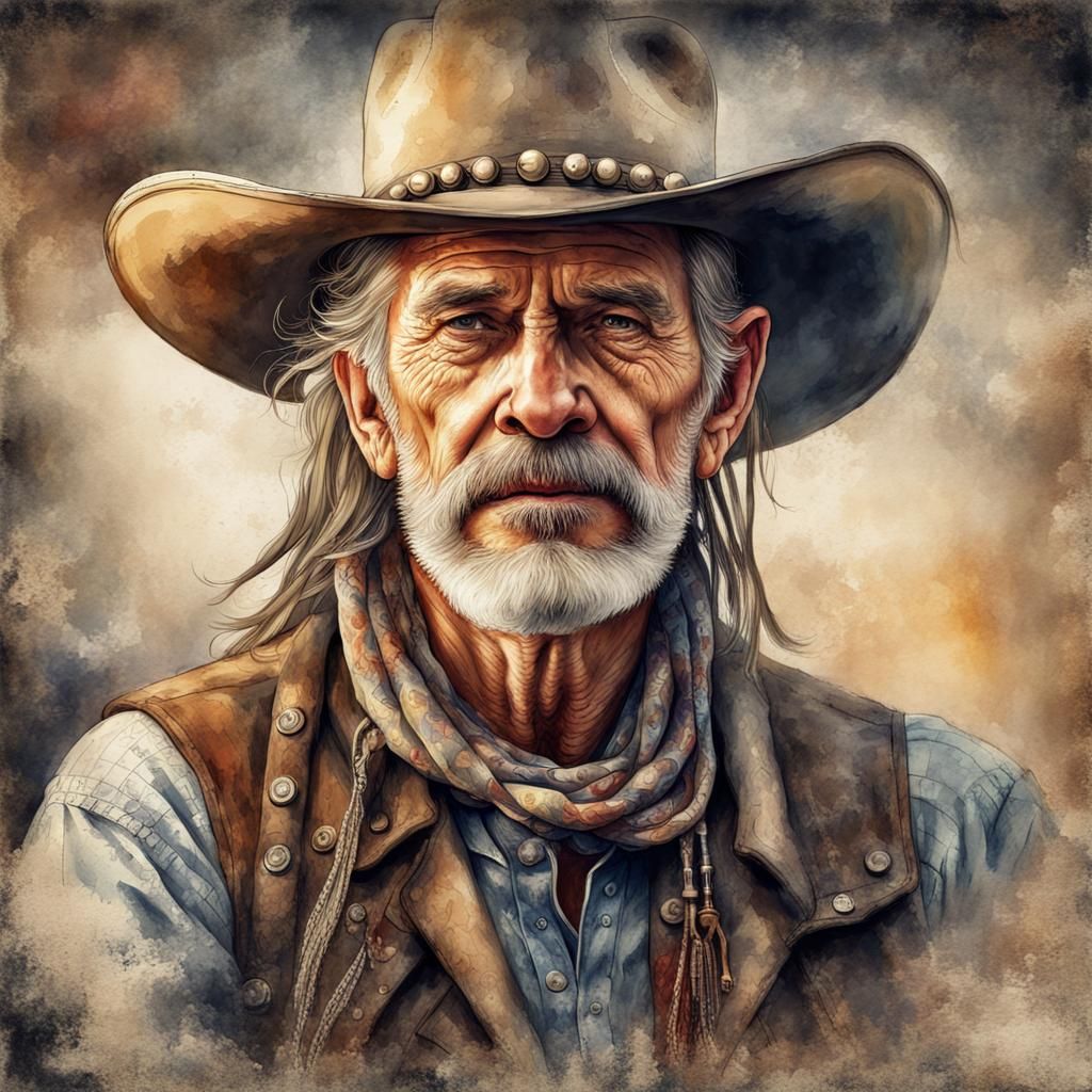 Grungy Cowboy Portrait in Watercolor Style