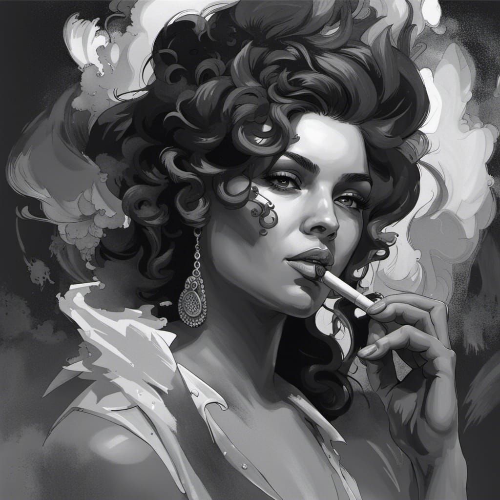 Monochrome Portrait of Woman Smoking Cigar, Detailed Art