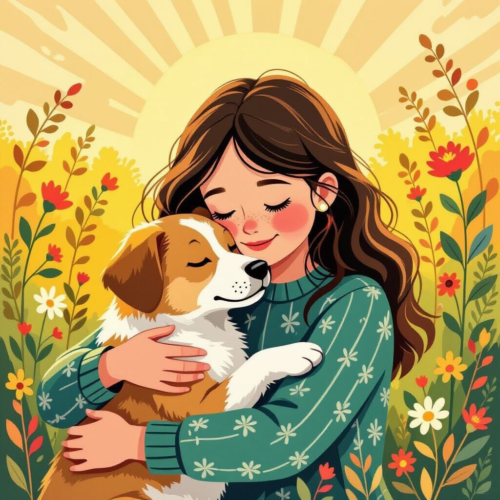 Girl Hugging Dog in Beatrix Potter Style