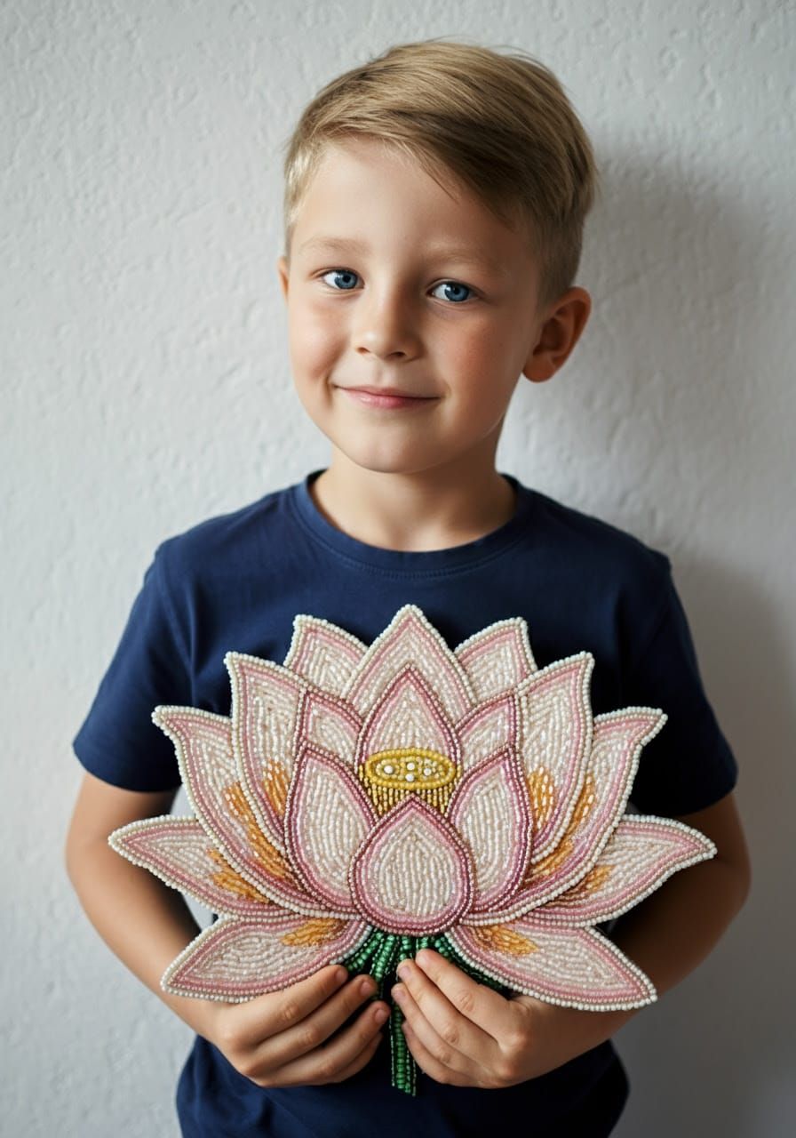 Gentle Boy Cradles Vibrant Lotus Flower Artwork in Soft, Tex...
