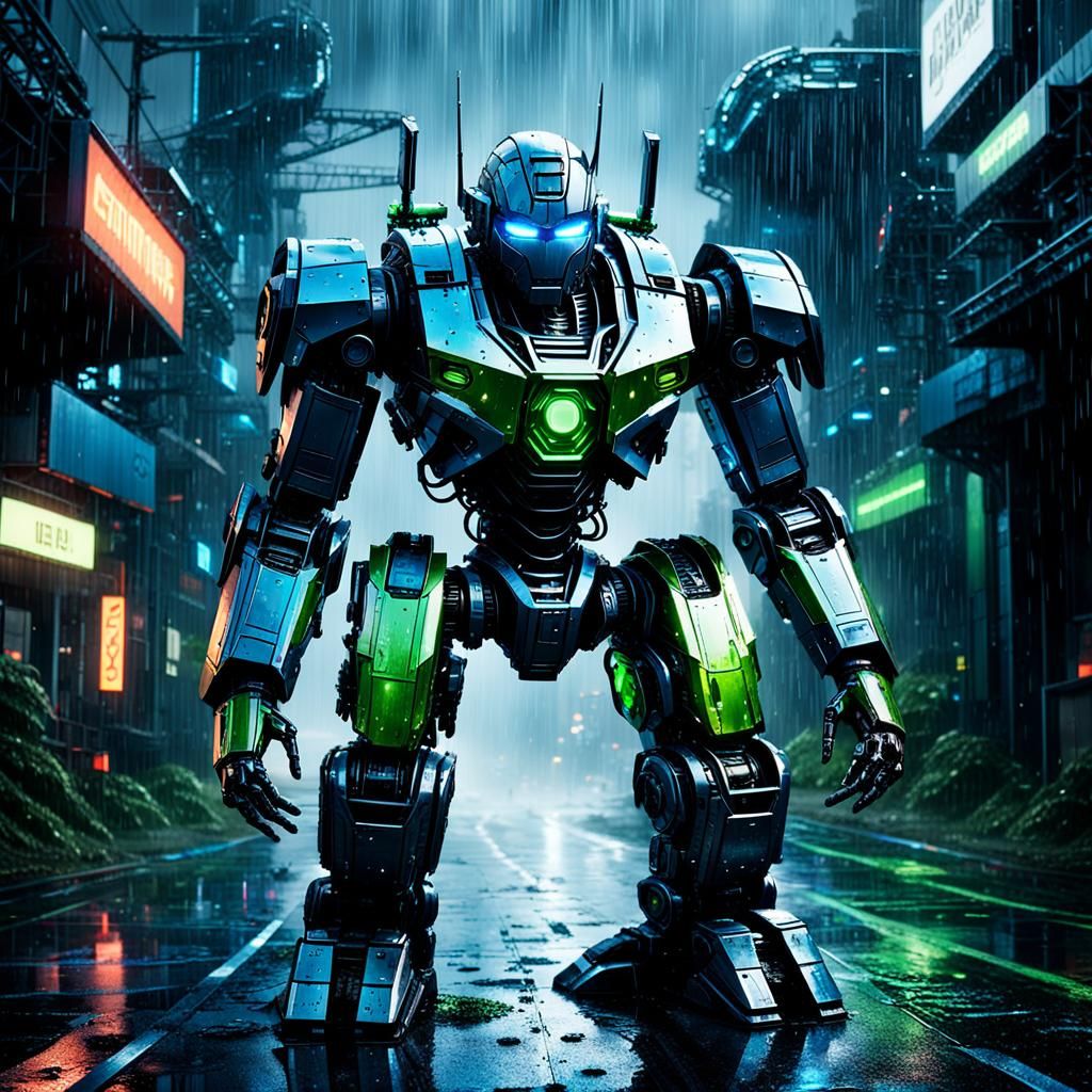 Futuristic Robot in Rain, Sci-Fi Mech Art