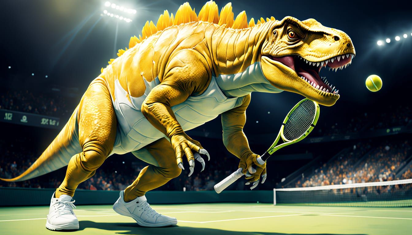T-Rex Plays Tennis: Vibrant Digital Concept Art