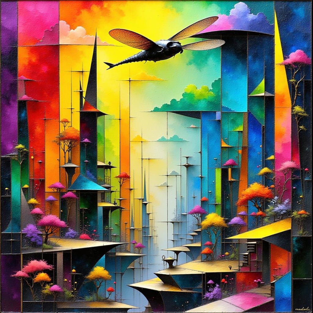 Abstract Stained Glass Cityscape with Flying Vehicles