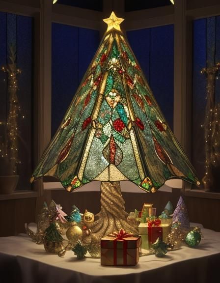 Stained Glass Tiffany Lamp Illuminates Christmas Gifts