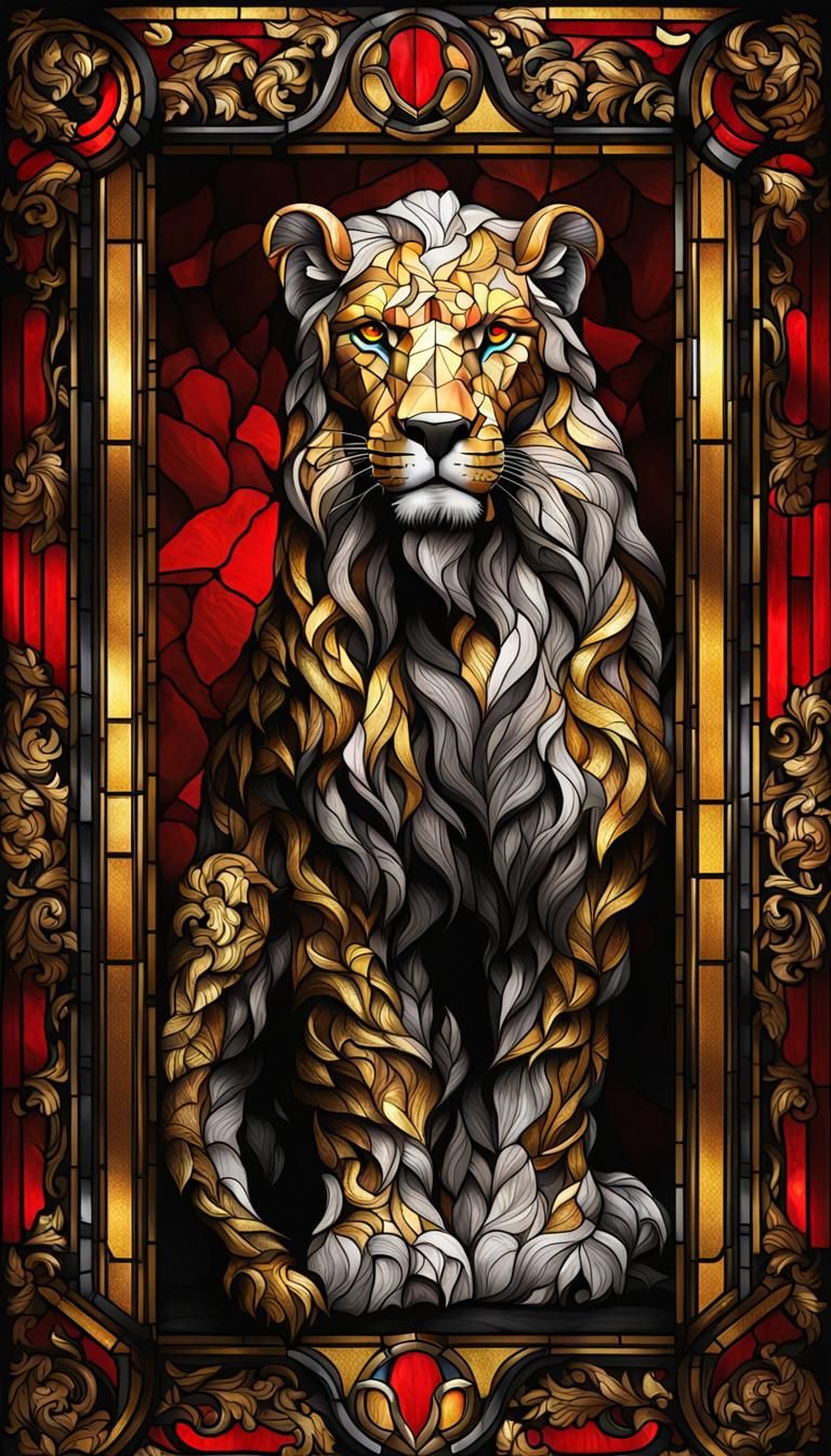 Epic Stained Glass Lion Window in Black, Red, and Gold