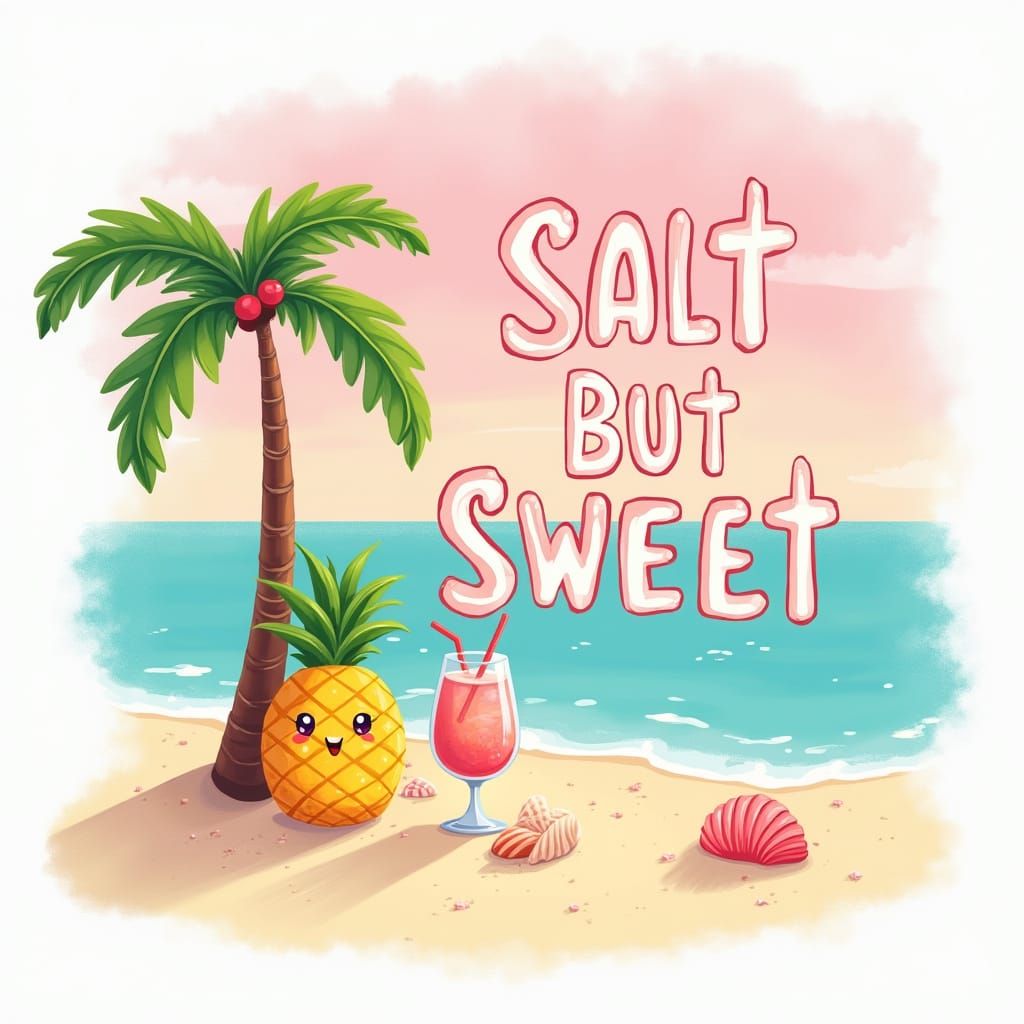 Kawaii Beach Scene with Retro 'Salty But Sweet' Text