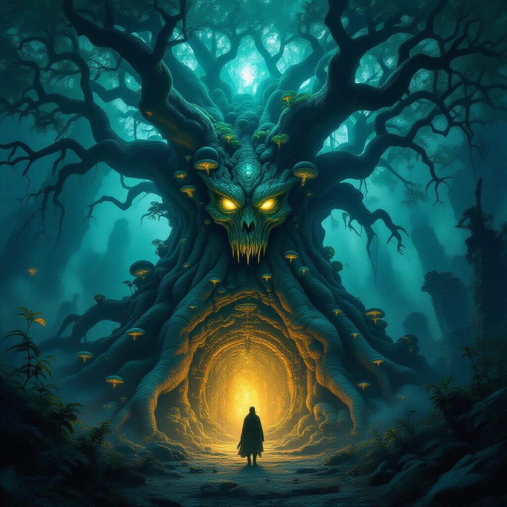 Ancient Tree Secret Lab with Bioluminescent Glow