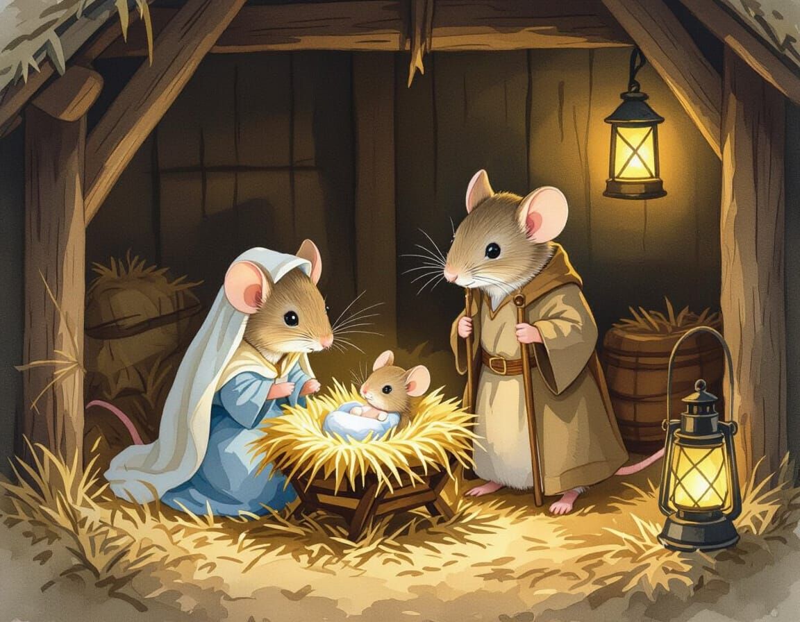 Charming Mouse Nativity Scene in Whimsical Watercolor Style