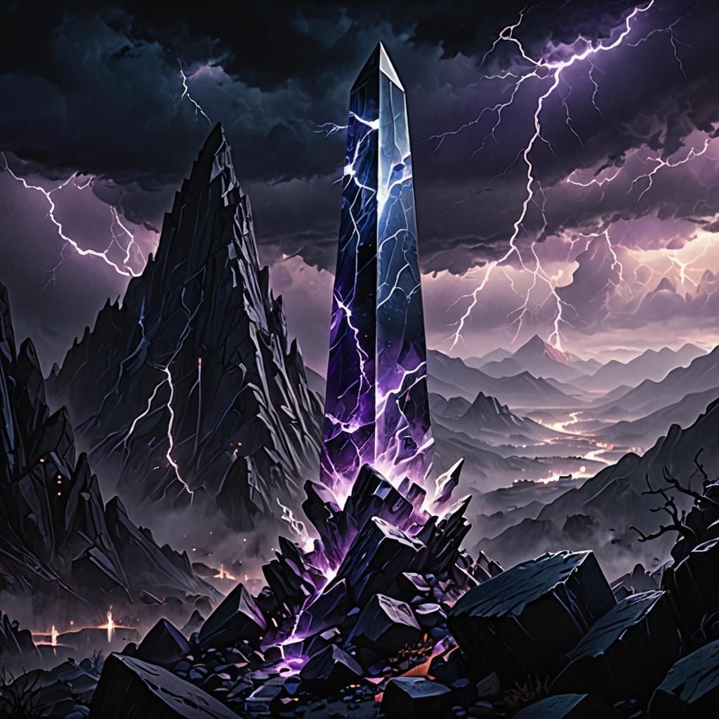Mystical Crystal Obelisk in Dark Fantasy Landscape