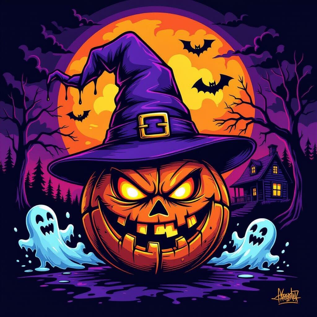 Halloween Scene: Witch Hat on Basketball Under Purple Moon