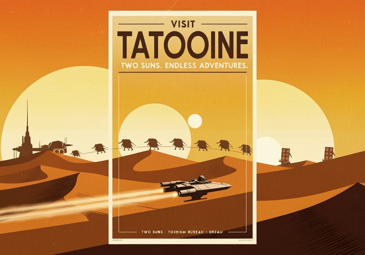 Vintage Tatooine Travel Poster: Two Suns, Desert Dunes
