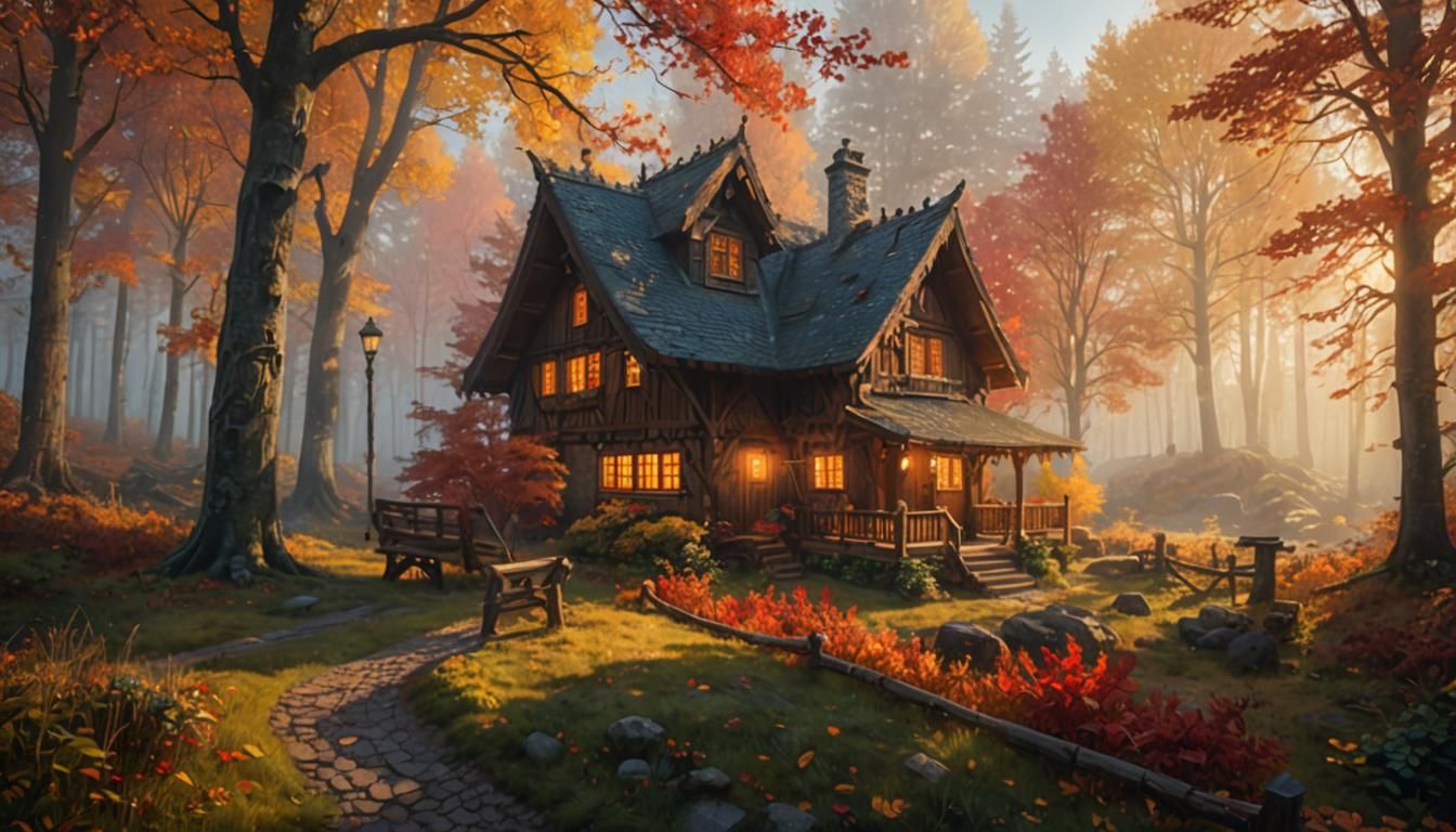Ethereal Autumn Cottage in Misty Forest