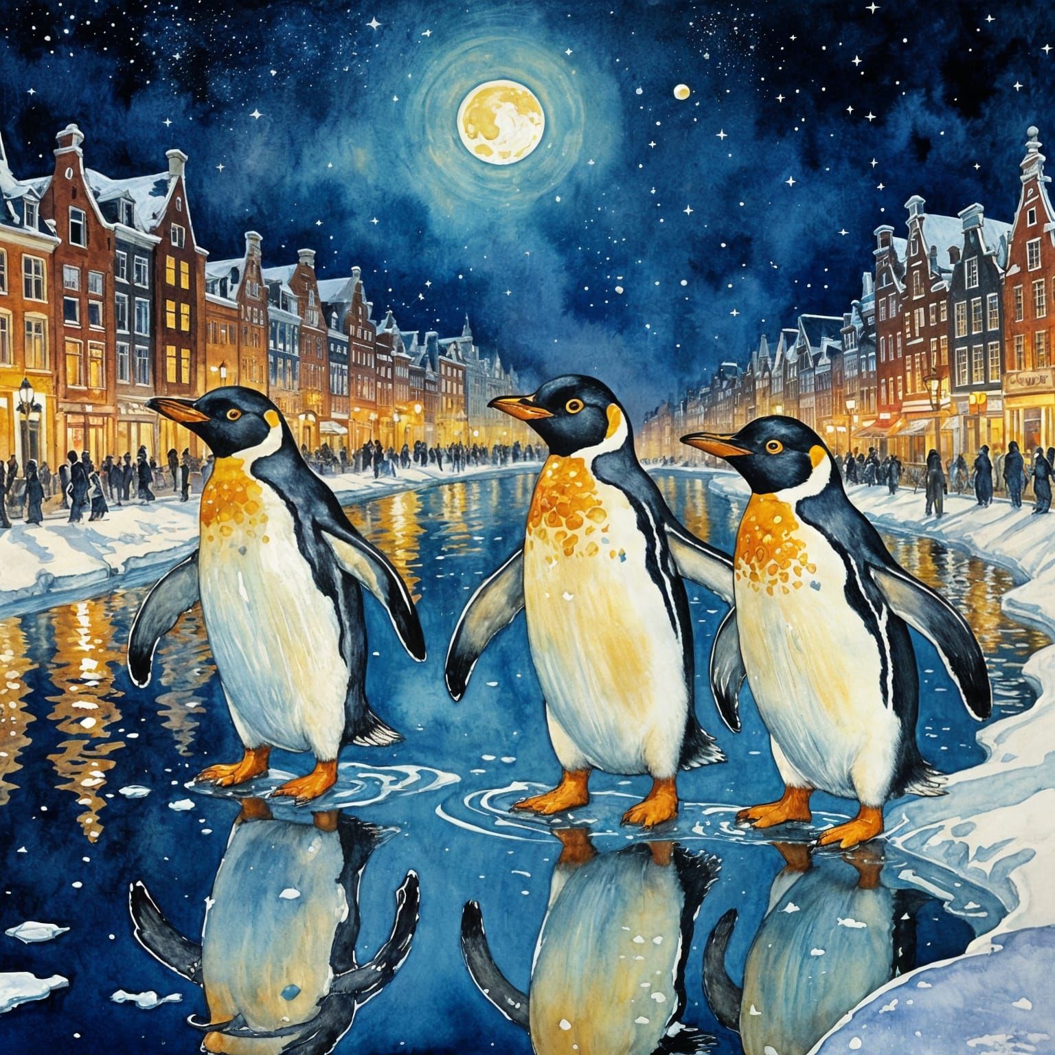 Whimsical Penguins Skate on Icy Amsterdam Canals under Starl...