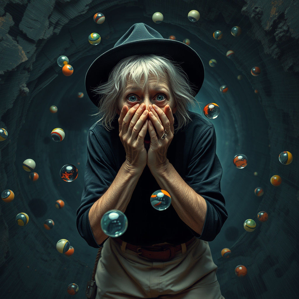 Frightened Woman Loses Marbles in Dreamscape Art