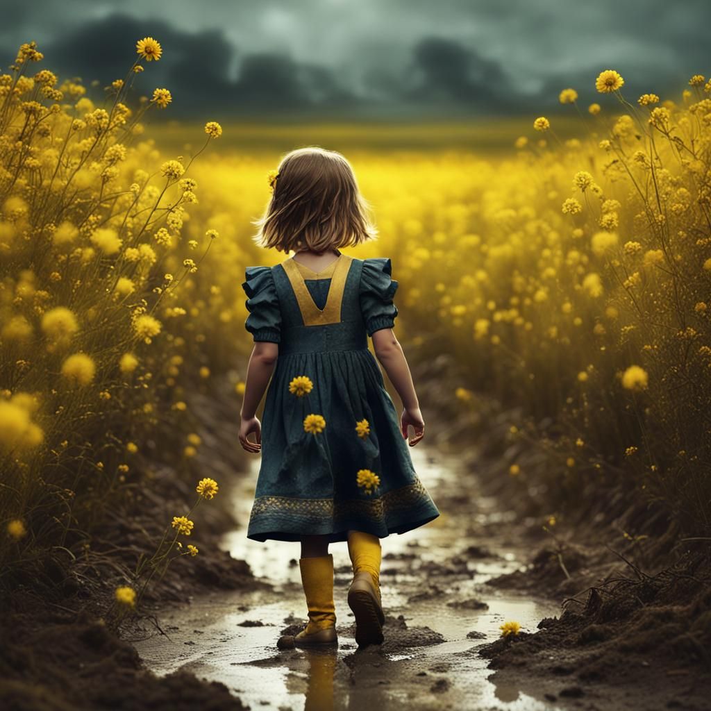 Little girl on a mysterious muddy road