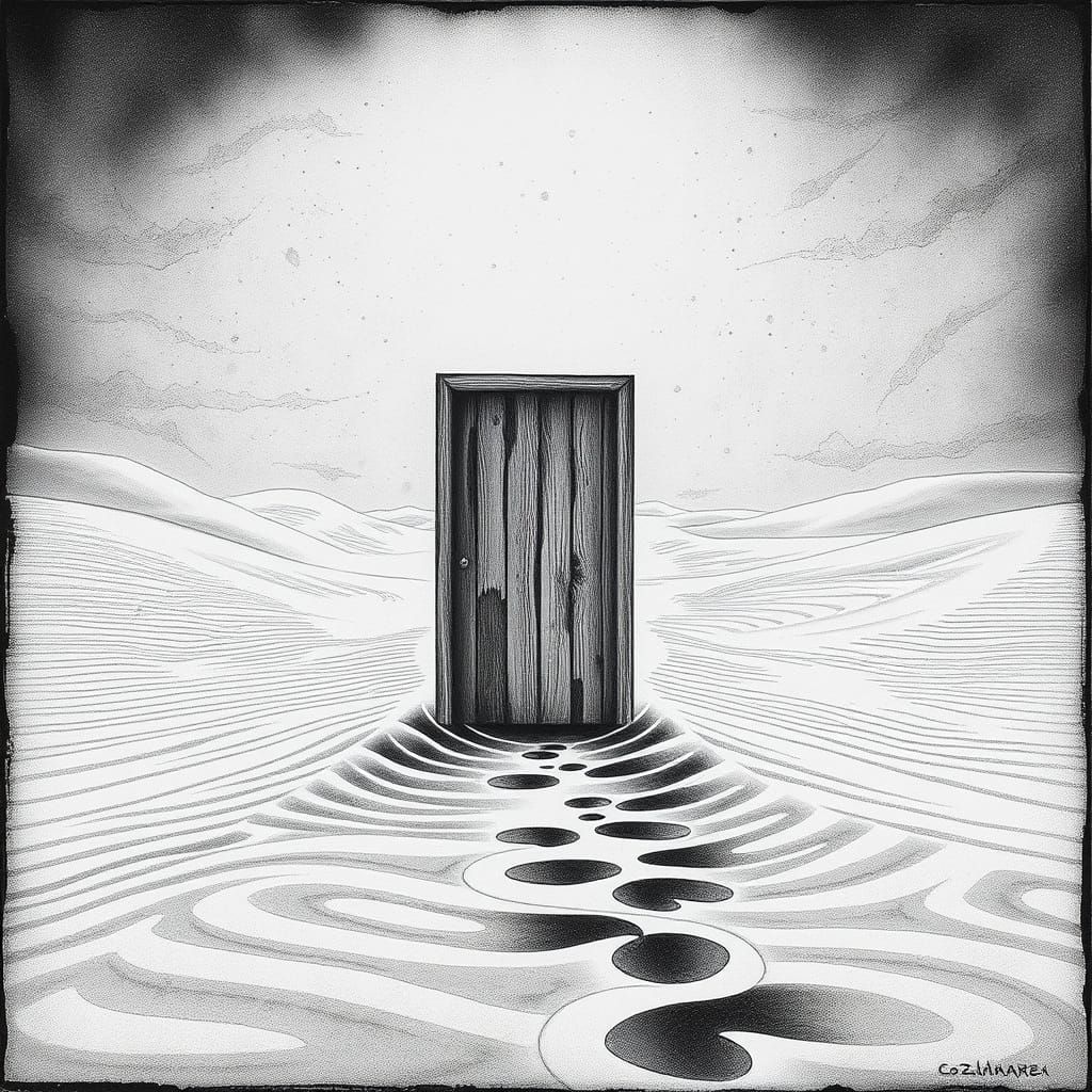Surreal Desert Door Etching in Black and White