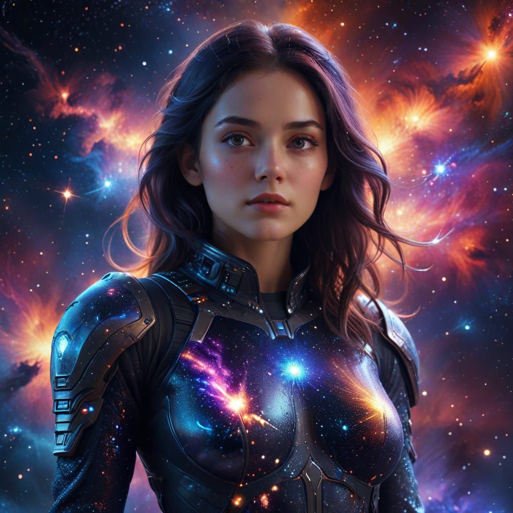 Beautiful Woman Against Galactic Nebula in Digital Matte Pai...