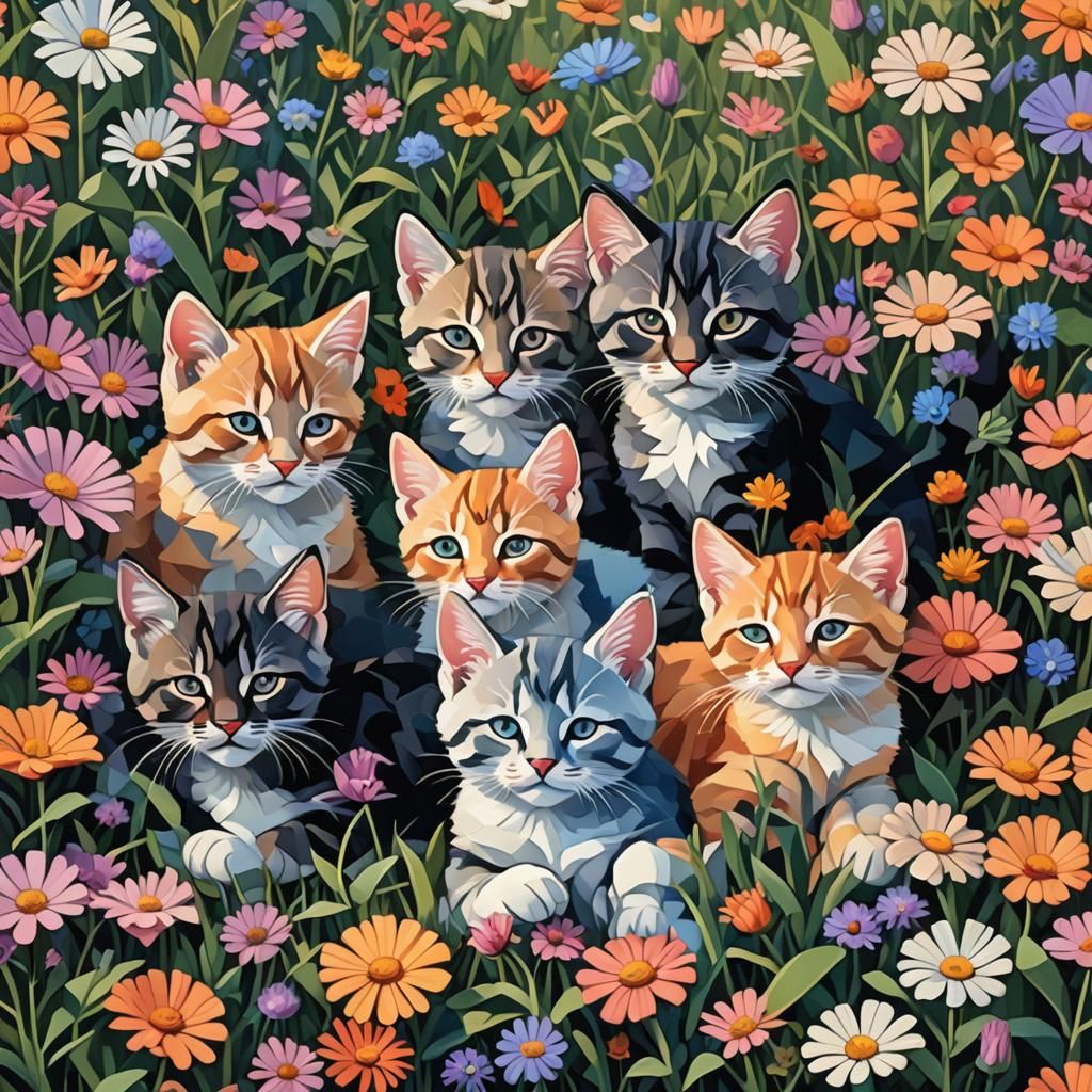 Cubist Kittens As Geometric Art Deco Painting