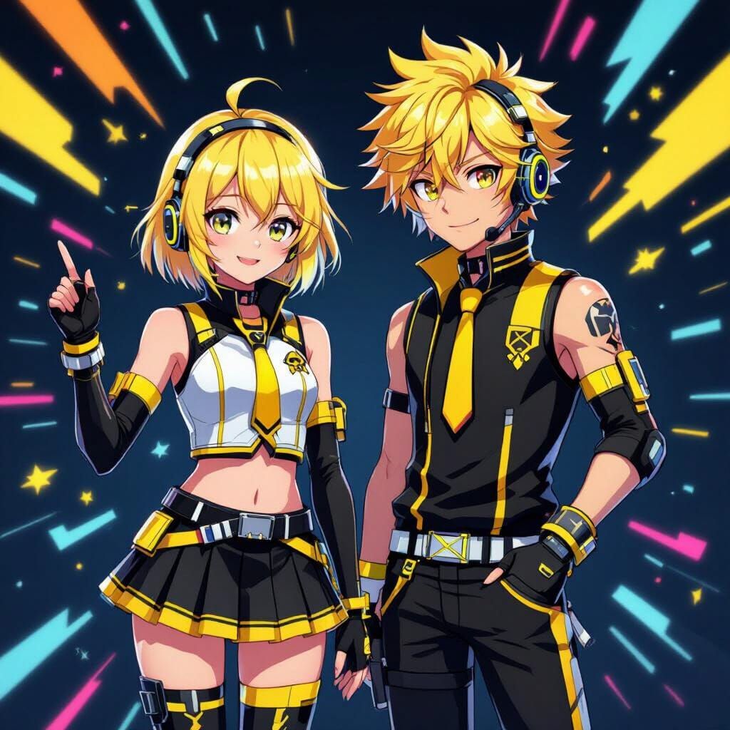 Rin and Len Duo: Energetic Idols in Neon Anime Style