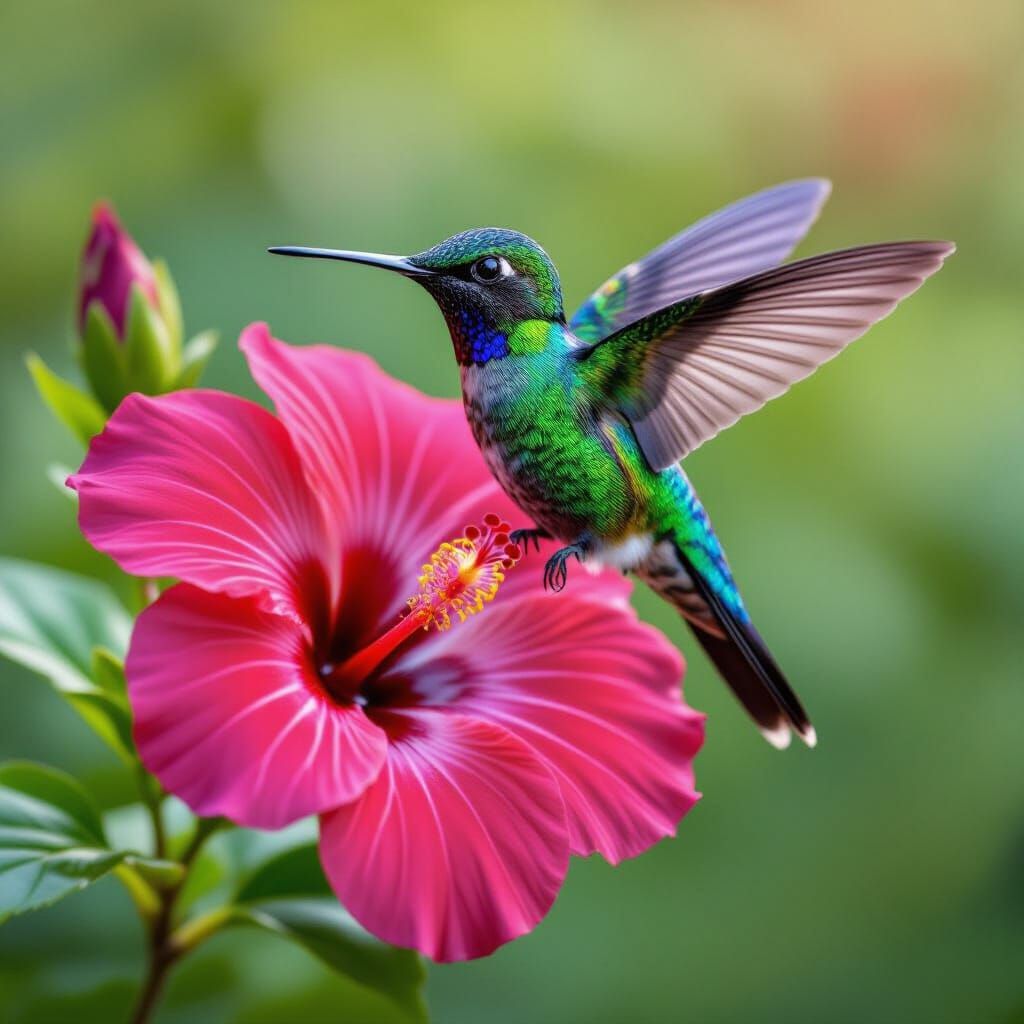 Jewel-Toned Hummingbird on Scarlet Hibiscus Flower