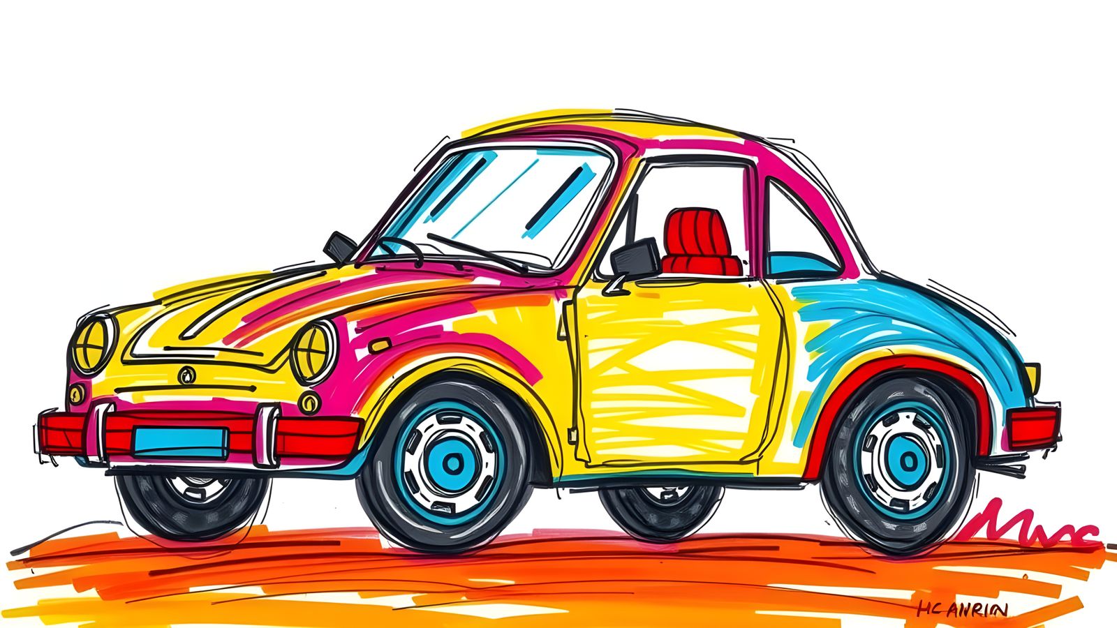 Child's Crayon Car Drawing in Bold Colors