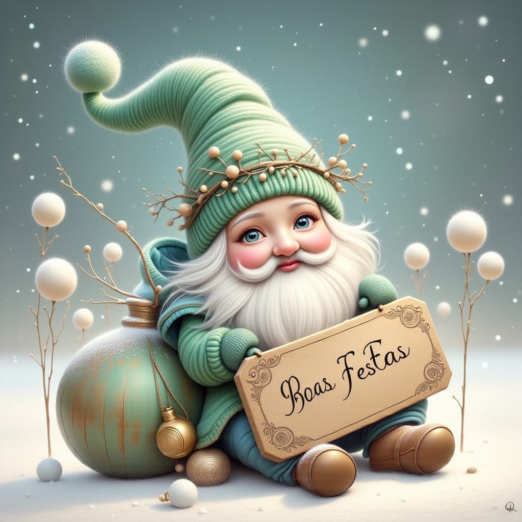 Adorable Winter Gnome Holds "Boas Festas" Sign