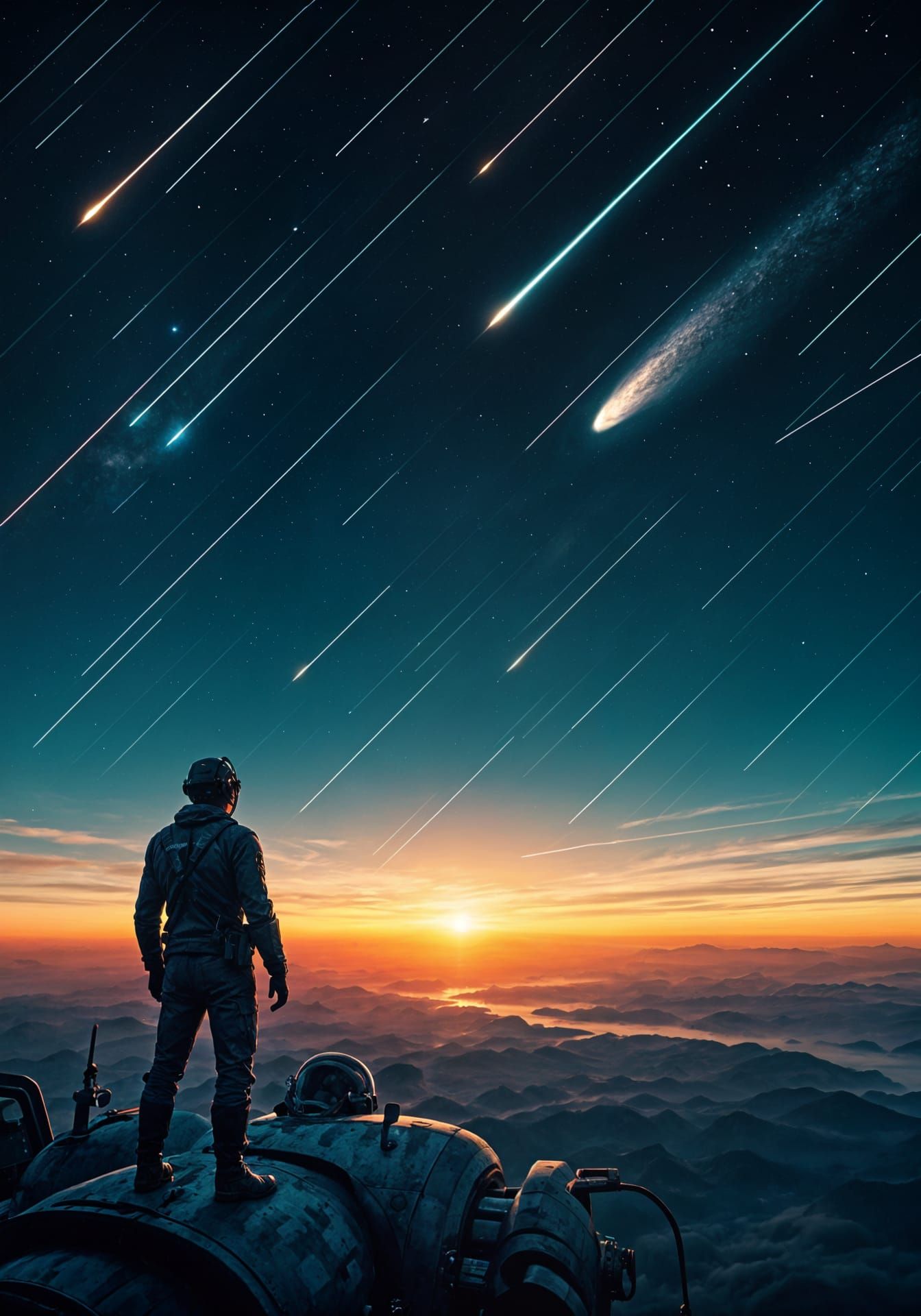 Cyberpunk Pilot Watches Breathtaking Meteor Shower