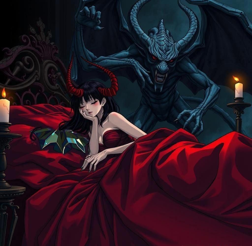 Anime Devil Woman Sleeping on Gloomy Bed