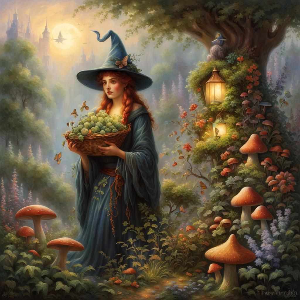 Ethereal Herbal Hedge Witch in a Detailed Fantasy Landscape