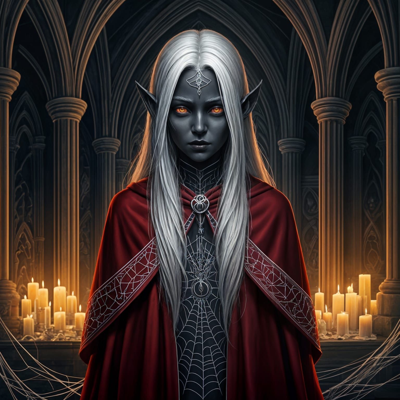 Drow Girl in Gothic Temple: Dark Fantasy Art