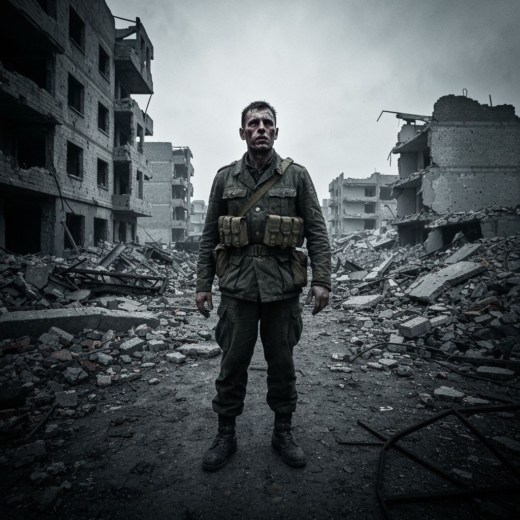 Battle-Worn Soldier in Ruins, Expressive Gritty Style